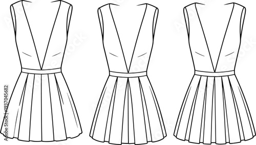 Three black and white line of women wearing sleeveless dresses with pleated skirts and cinched waists