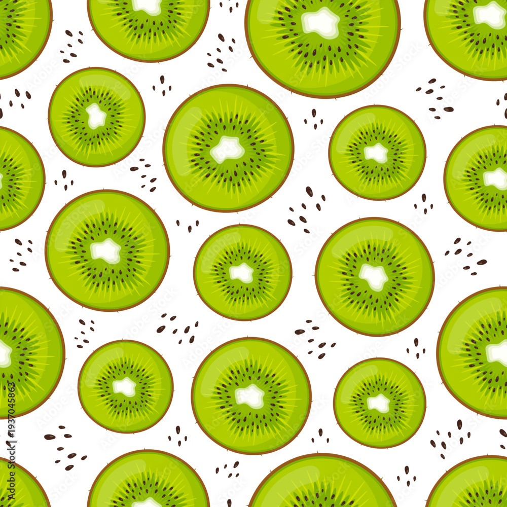 Fototapeta premium Seamless pattern with green kiwi slices and seeds. Tropical fruit vector illustration on white background