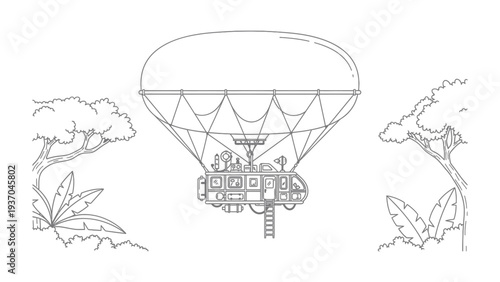 Airship's Journey: A vintage airship floats gently through a fantastic landscape, soaring above the world in a scene of adventure and exploration.
