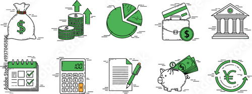 Finance and investment line icons vector set with money bag, growth chart, calculator, bank building, piggy bank, currency symbols and financial management elements for business and economy design