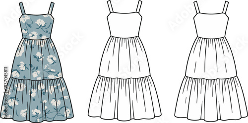 Three dresses with floral and plain patterns in blue and white colors floral pattern