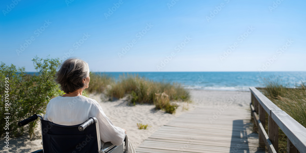 Fototapeta premium Active senior woman in wheelchair enjoying seaside boardwalk. Active lifestyle concept