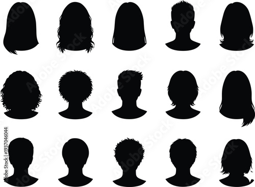 Silhouette collection of human head profiles, diverse hairstyles, male female figures, black vector illustration, fashion design, character modeling element