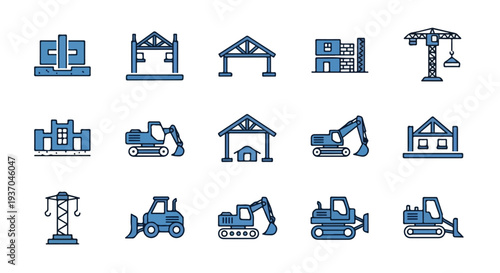 A collection of blue-toned vector icons representing various aspects of construction, building infrastructure, and heavy machinery.
