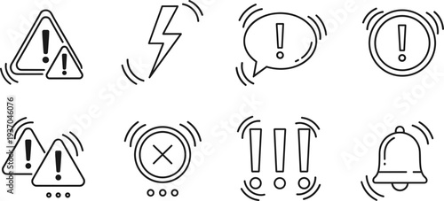 Warning and alert line icons vector set featuring exclamation marks, danger symbols, notification bell, lightning warning sign and error indicators for UI design, apps and system alerts