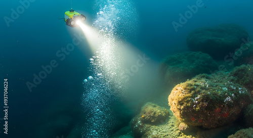 Advanced underwater robot exploring mysterious deep sea with powerful light beam, revealing hidden marine topography and life