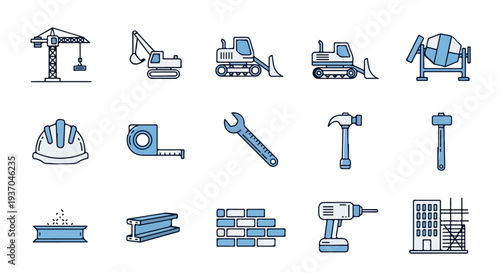 A comprehensive vector illustration featuring a diverse array of construction equipment, essential tools, building materials, and a site under development.