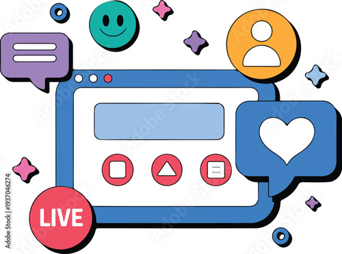 Social Media Interface with Live Button Chat Bubbles and Reaction Icons Flat Vector Illustration