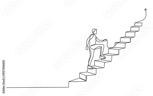 One line drawing of man climbing up stairs, vector concept of personal growth
