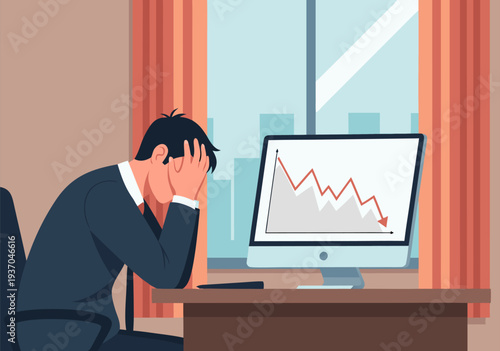 Sad businessman watching stock market crash and financial loss on computer screen - vector illustration