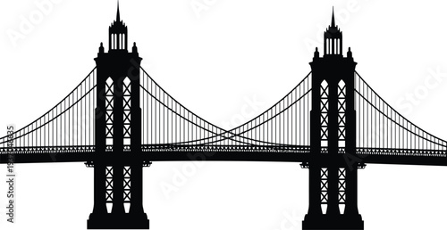 Silhouette of suspension bridge towers, architectural landmark, iconic structure, Brooklyn style design, black vector illustration, urban cityscape element