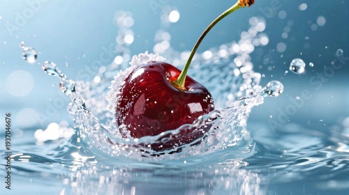 cherry splash in water frozen motion bright light macro detail clean commercial stock photo