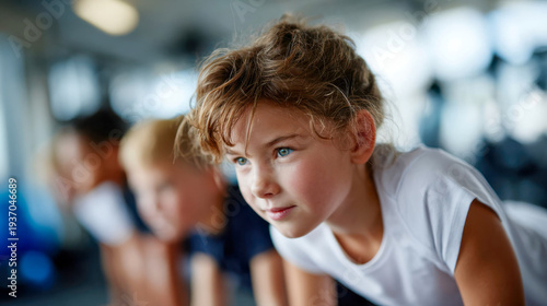 Group of elementary school children doing core workout exercises in a gym class, focus on active lifestyle and youth fitness