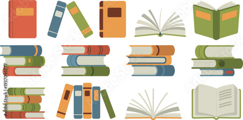 Flat vector illustration of colorful open and closed books, textbooks, and reading materials for education and study design