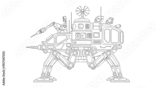 Futuristic Land Vehicle: A meticulously rendered line drawing showcases a cutting-edge land vehicle, bristling with advanced technology and innovative design. 
