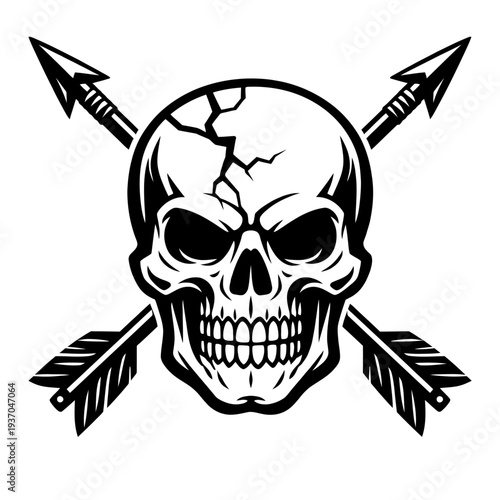 Intense Black & White Cracked Human Skull with Crossed Arrows Vector Illustration – A Bold Gothic Macabre Emblem for Tattoo Designs, Biker Patches, Rebel Art, and Dark Aesthetic Symbolizing Mortality,