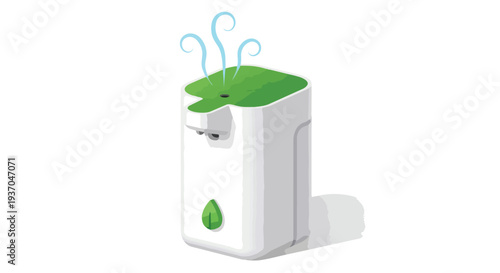 Modern White and Green Air Purifier with Blue Steam on White Background