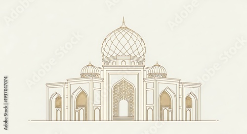 Modern Islamic mosque illustration, geometric dome mosque architecture, clean minimalist line art, modern Islamic design, symmetrical front view, elegant thin gold lines on a light background.