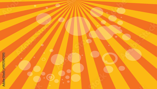 Orange sunburst background with radial rays and bokeh circles, retro sunshine burst abstract design