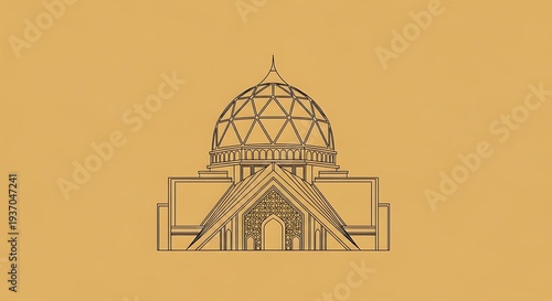 Contemporary mosque architecture illustration, large geometric dome, modern Islamic aesthetic, minimalist line art vector, golden gradient lines on white background, clean symmetry, simplified Islamic