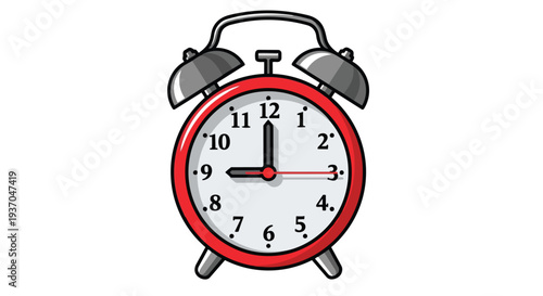 Retro Red Alarm Clock Showing 9:00 AM/PM, Classic Timepiece with Bells