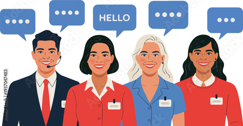 Minimalist hand drawn line art vector of a diverse professional team with headsets and speech bubbles for support.