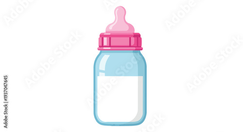 Baby Bottle with Milk and Pink Nipple - Isolated on White Background