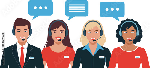 Minimalist hand drawn line art vector of a diverse professional team with headsets and speech bubbles for support.