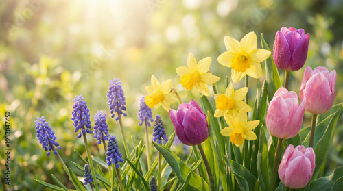 Blooming Spring Flowers in Soft Sunlight