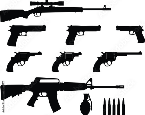 Silhouette collection of firearms, pistols, revolvers, sniper rifle, assault rifle, grenade, bullets, black weapon icons for security illustration