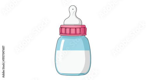 Baby bottle with milk and pink cap, illustration, isolated on white background