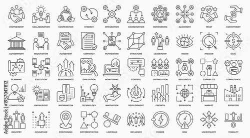 Strategy Alliance icon set collection in outline style. an icon pack contain partnership, collaboration, trust, agreement, integration, coordination, government, resources. Simple Vector Illustration.