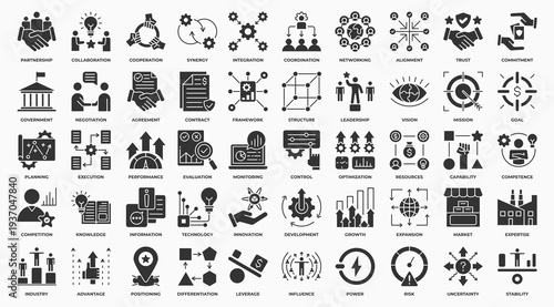 Strategy Alliance icon set collection in glyph style. an icon pack contain partnership, collaboration, trust, agreement, integration, coordination, government, resources. Simple Vector Illustration.