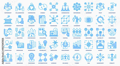 Strategy Alliance icon set collection in blue style. an icon pack contain partnership, collaboration, trust, agreement, integration, coordination, government, resources. Simple Vector Illustration.
