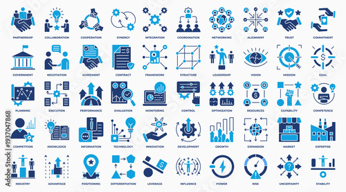 Strategy Alliance icon set collection in solid style. an icon pack contain partnership, collaboration, trust, agreement, integration, coordination, government, resources. Simple Vector Illustration.