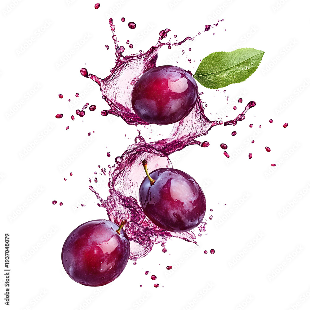 Fototapeta premium Fresh plum fruits with juicy splash, isolated on transparent cutout background