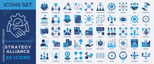 Strategy Alliance icon set. Containing partnership, collaboration, cooperation, synergy, integration, coordination, networking, alignment, trust and more. Flat Blue vector icons collection