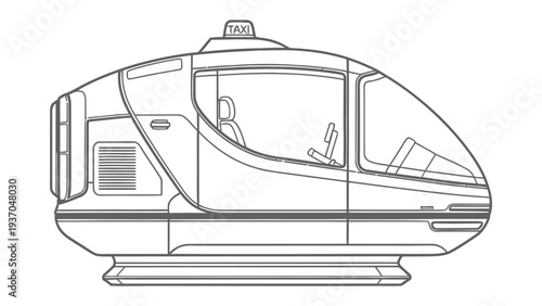 Future Taxi Concept: Futuristic vehicle design, a glimpse into the future of urban transport, streamlined aesthetic with cutting-edge technology for an efficient and sustainable journey.