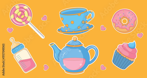 Cute pastel tea party elements with sweets and baby bottle on bright yellow background