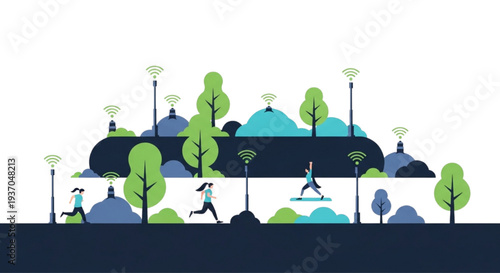 Illustration of people enjoying outdoor activities in a park with trees and lampposts
