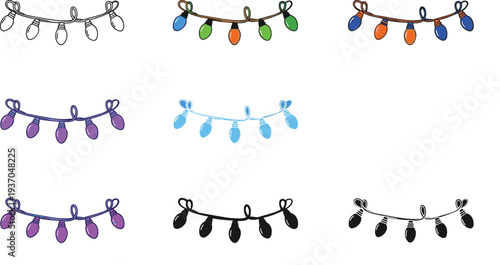 Christmas string lights garland collection with colorful holiday bulb decorations isolated festive lighting vector illustration set