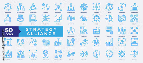 Strategy Alliance Icon Set Blue Line Style with Partnership, Collaboration, Cooperation, Synergy, Integration, Coordination, Networking, Alignment, Commitment, Government, Agreement, Contract and more
