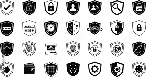 Cyber security shield icon set with protection, lock, VPN, firewall, fingerprint and digital safety symbols vector illustration collection
