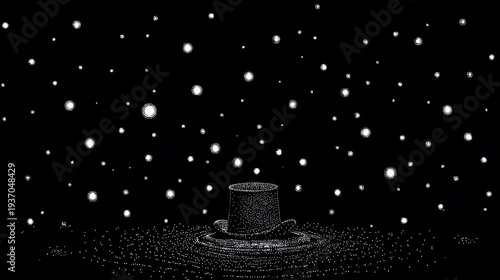 Intricately designed vintage black tophat outline with scattered white circles conveying arcane magical energy in a surreal artistic performance