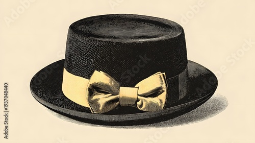 Refined Vintage Gentleman's Hat with Bow Tie in Classic, Retro-Inspired Formal Illustration Embracing Timeless Elegance and Style