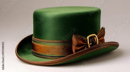 Lush Green Ceremonial Hat with Rich Brown Trim and Luminous Gold Buckle for Enchanting St. Patrick's Gala and Masquerade
