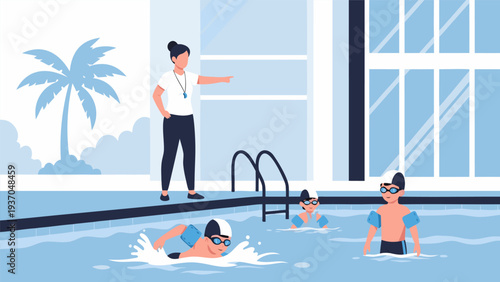 Swimming lesson vector illustration of a coach instructing children in a pool