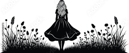 Black silhouette of a long haired woman standing in a wildflower meadow field, nature beauty concept, flat vector illustration, isolated