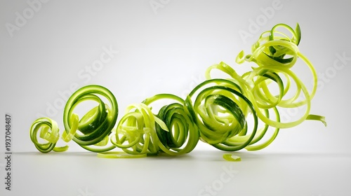 Futuristic Spiralizer Transforming Fresh Vegetables into Vivid Culinary Spirals on a Minimalist White Background with Detailed Modern Innovation