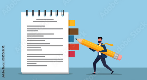 A determined businessman in a dark suit boldly carries an oversized yellow pencil towards a giant spiral-bound notebook featuring vibrant, multi-colored reference tabs against a light blue background